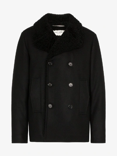 Shop Saint Laurent Caban Double-breasted Shearling Lined Coat In Black