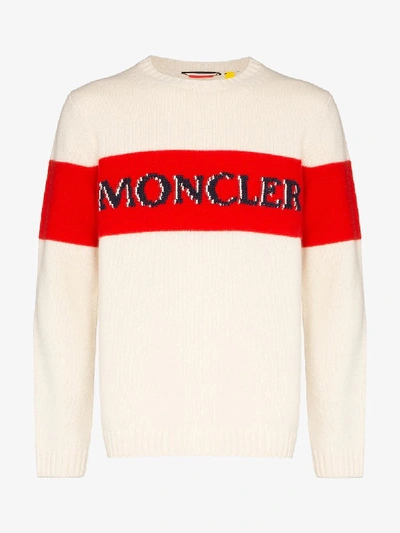 Shop Moncler Genius Front Logo Stripe Sweater In Neutrals