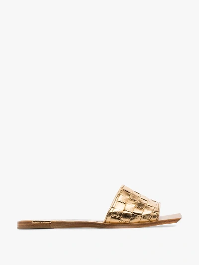 Shop Bottega Veneta Metallic Gold Intrecciato Flat Leather Sandals