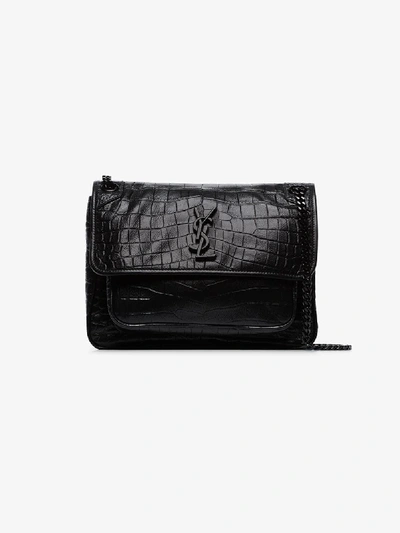 Shop Saint Laurent Black Niki Medium Croc-embossed Leather Shoulder Bag