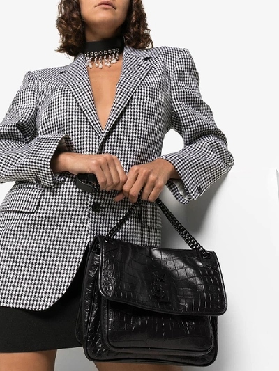 Shop Saint Laurent Black Niki Medium Croc-embossed Leather Shoulder Bag