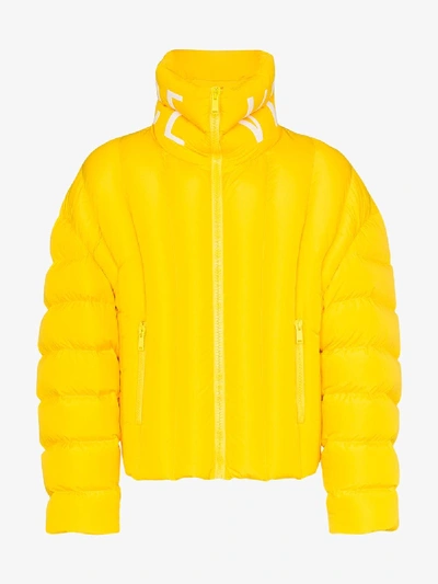 Shop Versace Logo Collar Padded Jacket In Yellow