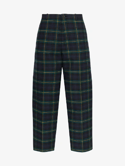 Shop Balenciaga Cropped Checked Cotton Trousers In Blue