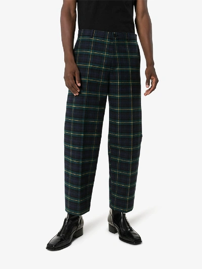 Shop Balenciaga Cropped Checked Cotton Trousers In Blue