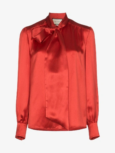 Shop Gucci Pussybow Satin Blouse In Red