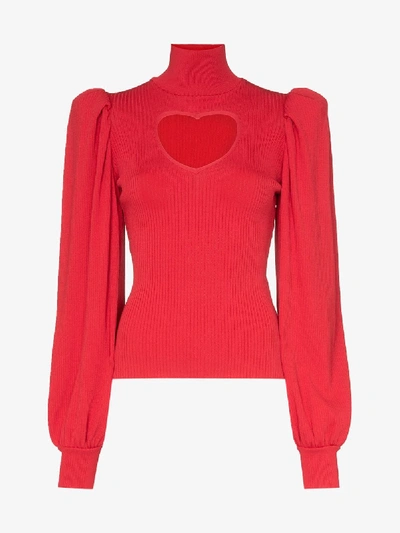Shop Msgm Heart Cutout Knitted Sweater In Red