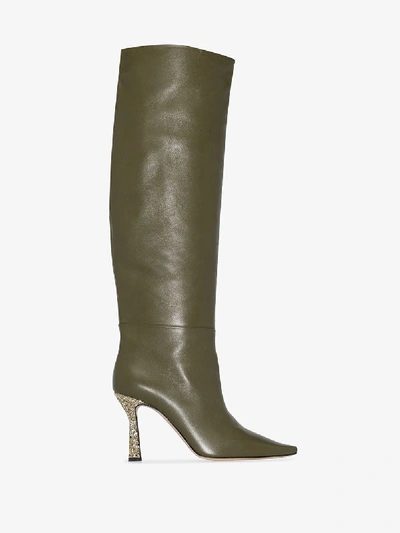 Shop Wandler Green Lina 95 Leather Glitter Heel Boots