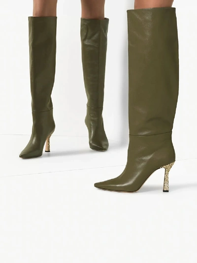 Shop Wandler Green Lina 95 Leather Glitter Heel Boots
