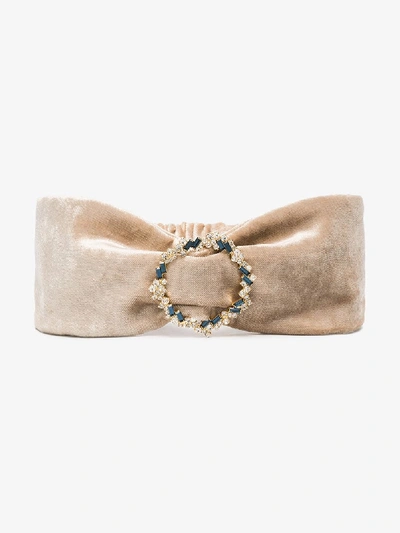 Shop Rosantica Beige Crystal Embellished Brooch Velvet Headband In Neutrals