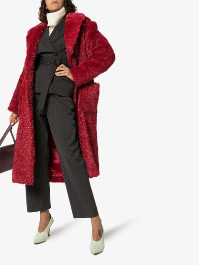 Shop Vika Gazinskaya Long Faux Fur Belted Coat In Red