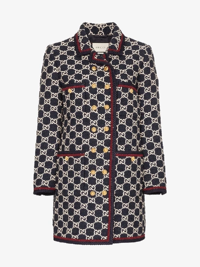 Shop Gucci Gg Motif Tweed Coat In Blue