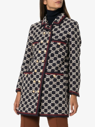 Shop Gucci Gg Motif Tweed Coat In Blue