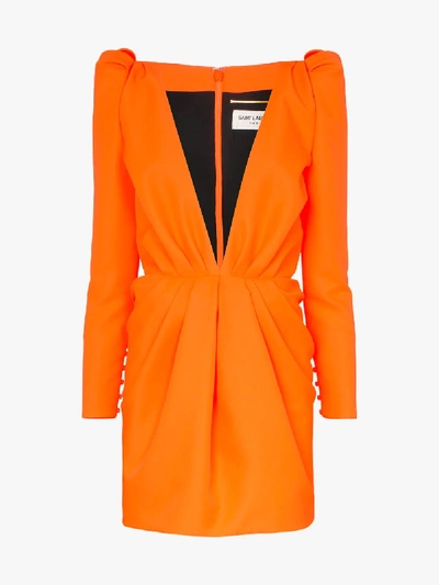 Shop Saint Laurent Plunging Pleated Waist Dress In Orange