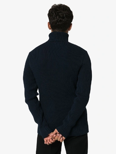 Shop Bottega Veneta Roll Neck Ribbed Cotton Sweater In Blue