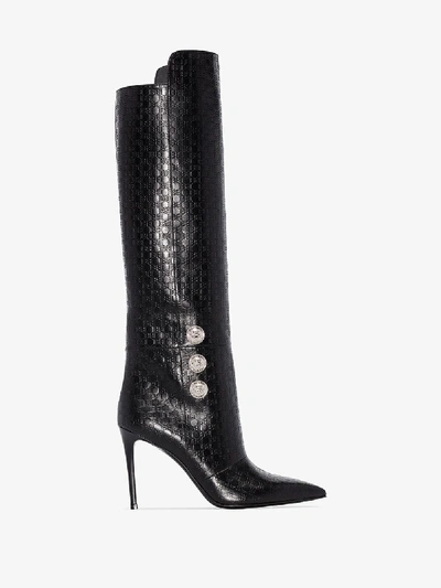 Shop Balmain Black Opaline 95 Monogram Knee-high Leather Boots