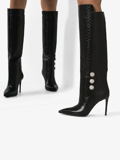 Shop Balmain Black Opaline 95 Monogram Knee-high Leather Boots