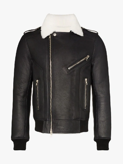 Shop Balmain Shearling Leather Biker Jacket In Black