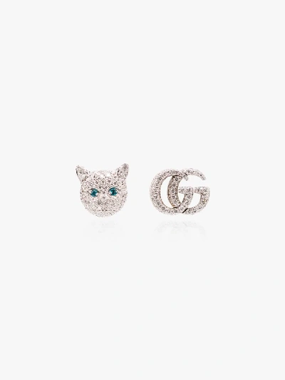 Shop Gucci 18k White Gold Cat Head Gg Diamond Earrings
