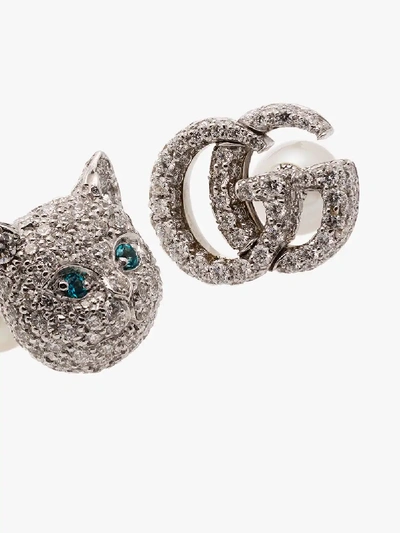 Shop Gucci 18k White Gold Cat Head Gg Diamond Earrings