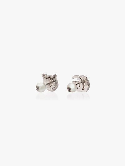 Shop Gucci 18k White Gold Cat Head Gg Diamond Earrings