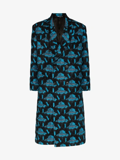 Shop Valentino X Undercover Black And Blue Ufo Intarsia Coat