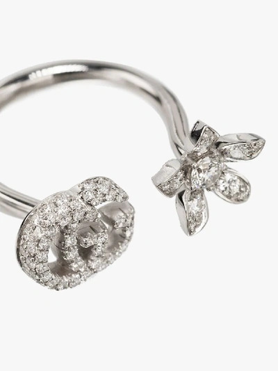 Shop Gucci 18k White Gold G Flower Open Diamond Ring In Metallic