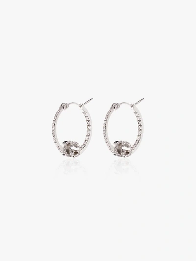 Shop Gucci 18k White Gold Running Diamond Hoop Earrings In Silver