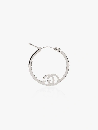 Shop Gucci 18k White Gold Running Diamond Hoop Earrings In Silver