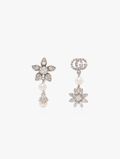 Shop Gucci 18k White Gold Mismatched Diamond Earrings In Metallic