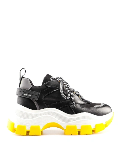 Shop Prada Maxi Sole Leather And Fabric Sneakers In Black