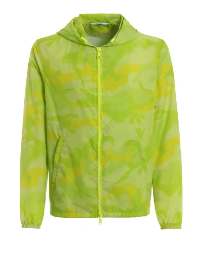 Shop Valentino Fluo Camu Hooded Windbreaker In Green