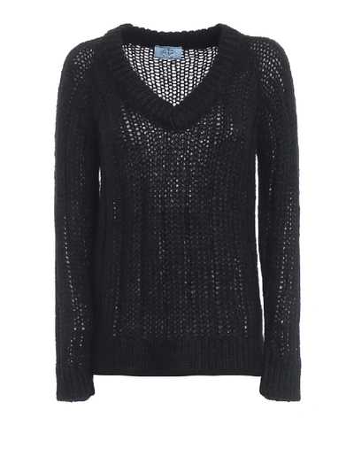 Shop Prada Black Ribbed Mohair And Wool V Neck Sweater
