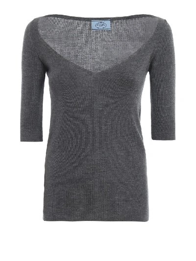 Shop Prada Cashmere And Silk Short Sleeve Top In Grey