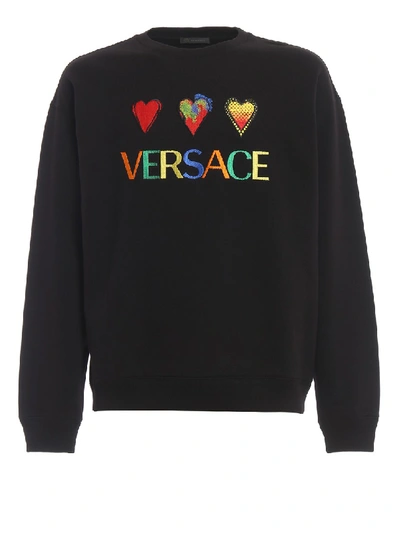 Shop Versace Embroidered Hearts And Logo Sweatshirt In Black