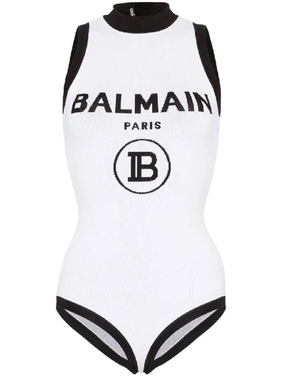 Shop Balmain White Women's High Neck Logo Bodysuit