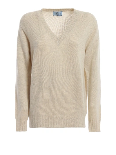 Shop Prada Melange Cashmere V-neck Sweater In Neutrals