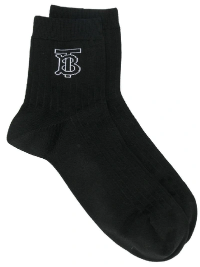Shop Burberry Black Women's Knitted Intarsia Ribbed Ankle Socks