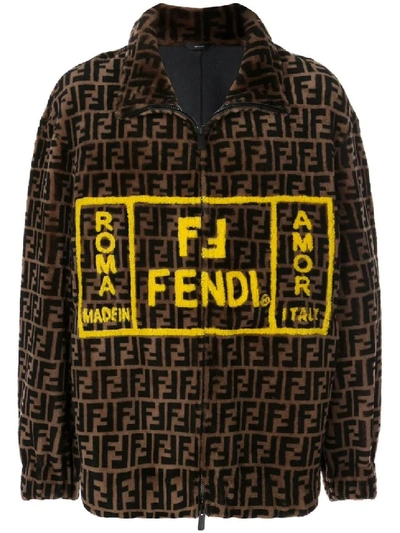 Shop Fendi Brown Men's Leather Lined Shearling Ff Roma Amor Jacket In Black