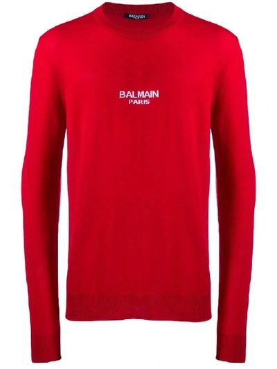Shop Balmain Red Men's Wool Logo Sweater