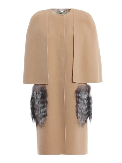 Shop Fendi Double Wool Coat With Fox Fur Pockets In Neutrals