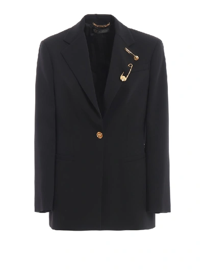 Shop Versace Medusa Button And Safety Pin Long Blazer In Black