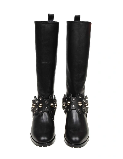 Shop Red Valentino Leather Boot With Flower Detail Puzzle Black Color