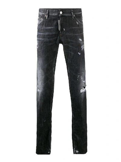 Shop Dsquared2 Slim Logo Detailed Ripped Cotton Jeans In Black