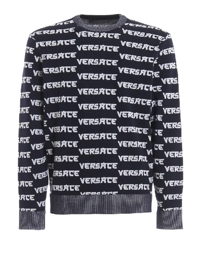 Shop Versace Logo Stripe Tech Wool Sweater In Black