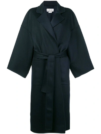 Shop Loewe Blue Women's Navy Belted Oversized Coat In Black