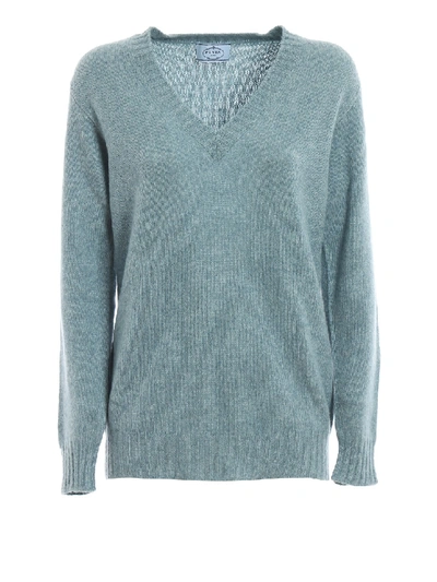 Shop Prada Sage Green Melange Cashmere V-neck Sweater In Blue