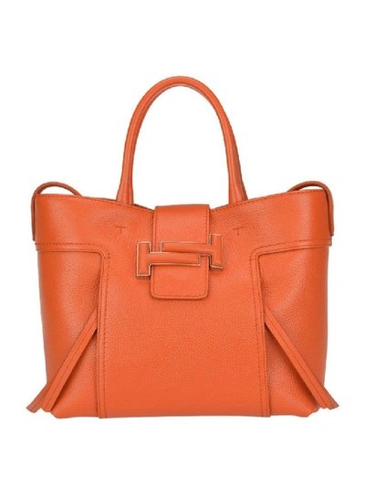 Shop Tod's Double T Medium Orange Leather Shopping Bag In Red