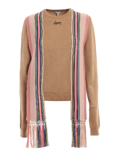 Shop Loewe Silk Sweater With Striped Scarf In Neutrals