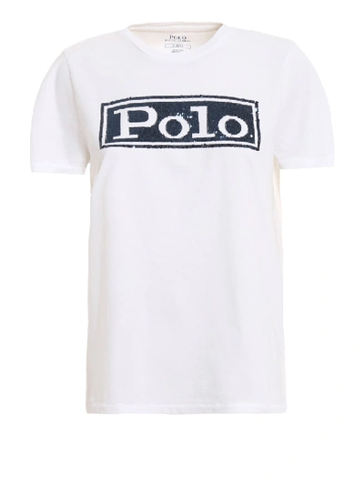 Shop Polo Ralph Lauren Sequinned White Cotton T-shirt
