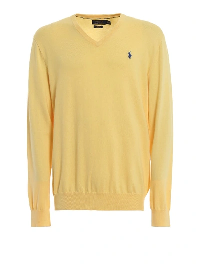 Shop Polo Ralph Lauren Slim Fit Yellow Cotton V-neck Sweater In Brown